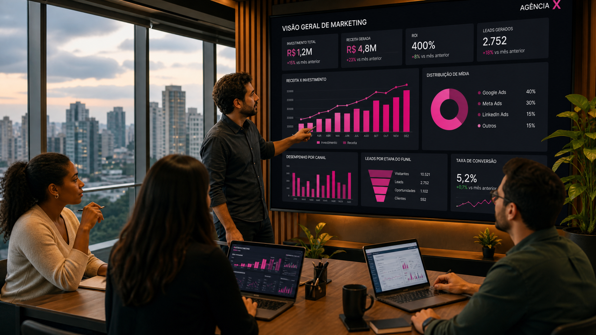 Equipe de marketing analisando dashboard de benchmark digital com métricas de ROI investimento e leads em agência de publicidade São Paulo