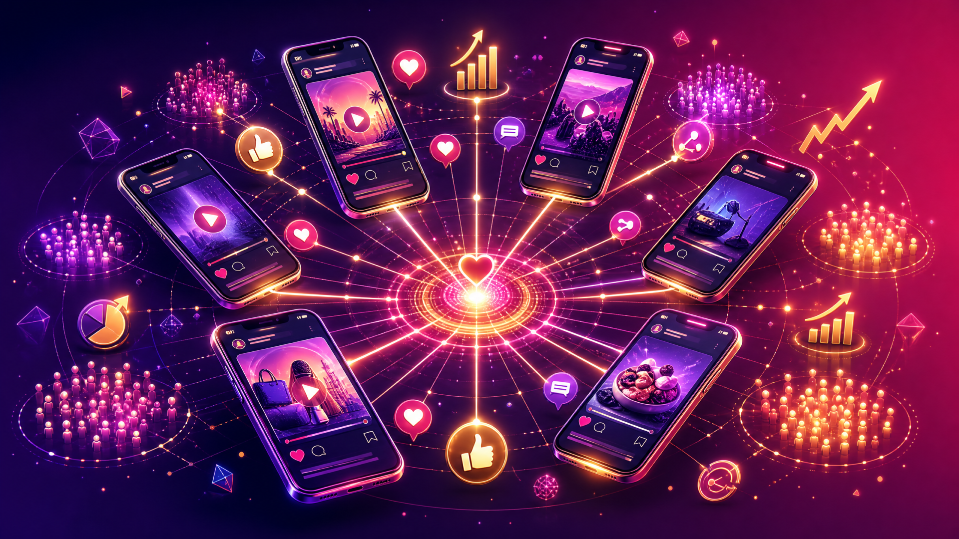Ilustração conceitual de marketing de influência com smartphones conectados em rede métricas de engajamento e comunidades digitais - Godiva Propaganda