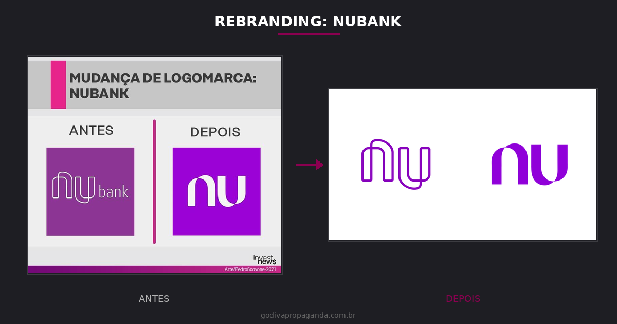 Rebranding Nubank antes e depois - evolução da identidade visual do logo NuBank para Nu simplificado