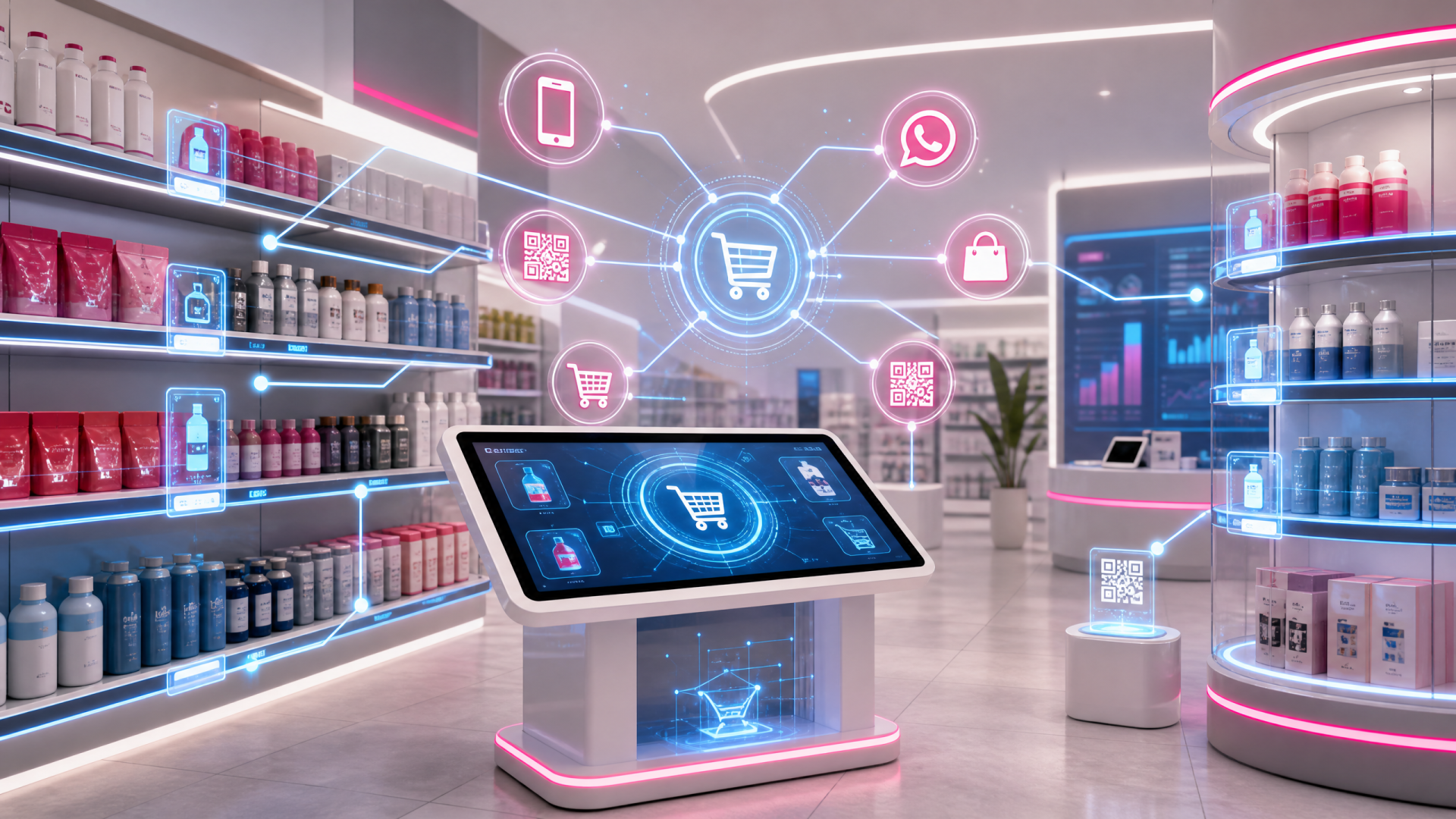 Ilustração conceitual de trade marketing e ponto de venda com loja futurista prateleiras inteligentes e telas interativas integração phygital - Godiva Propaganda