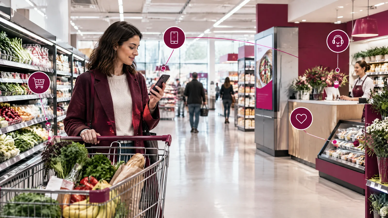 Cliente em supermercado contemporâneo com fluxo magenta conectando carrinho, aplicativo e atendimento.