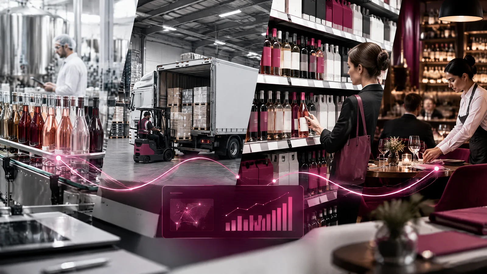 Pontos de distribuição e consumo de bebidas conectados por fluxos de dados em magenta