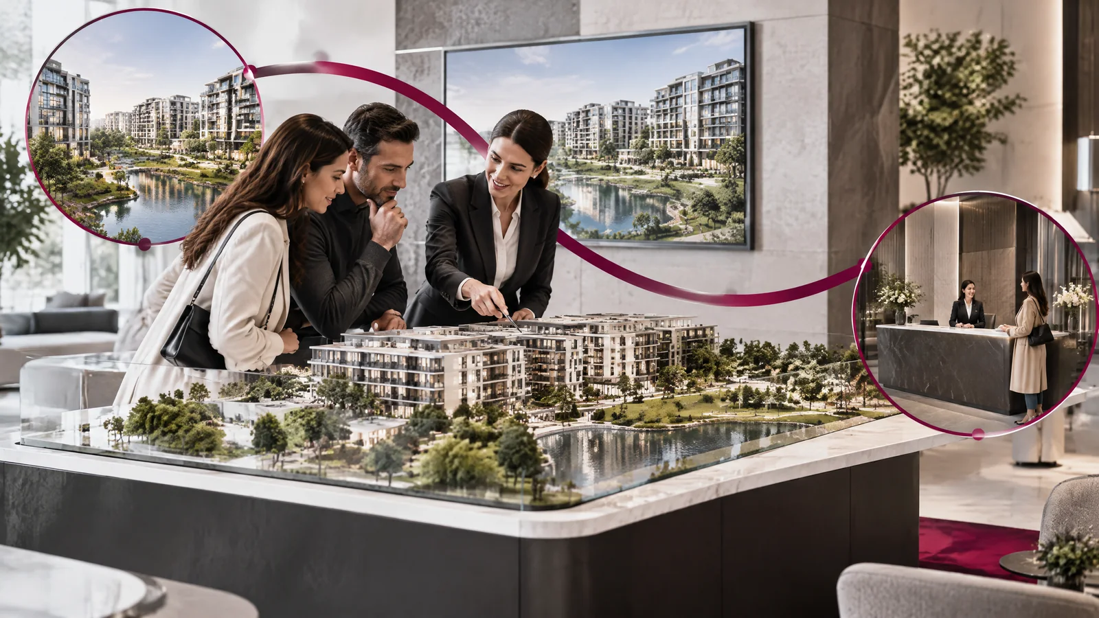 Casal conversa com profissional de atendimento diante de uma maquete em estande de vendas imobiliário contemporâneo.