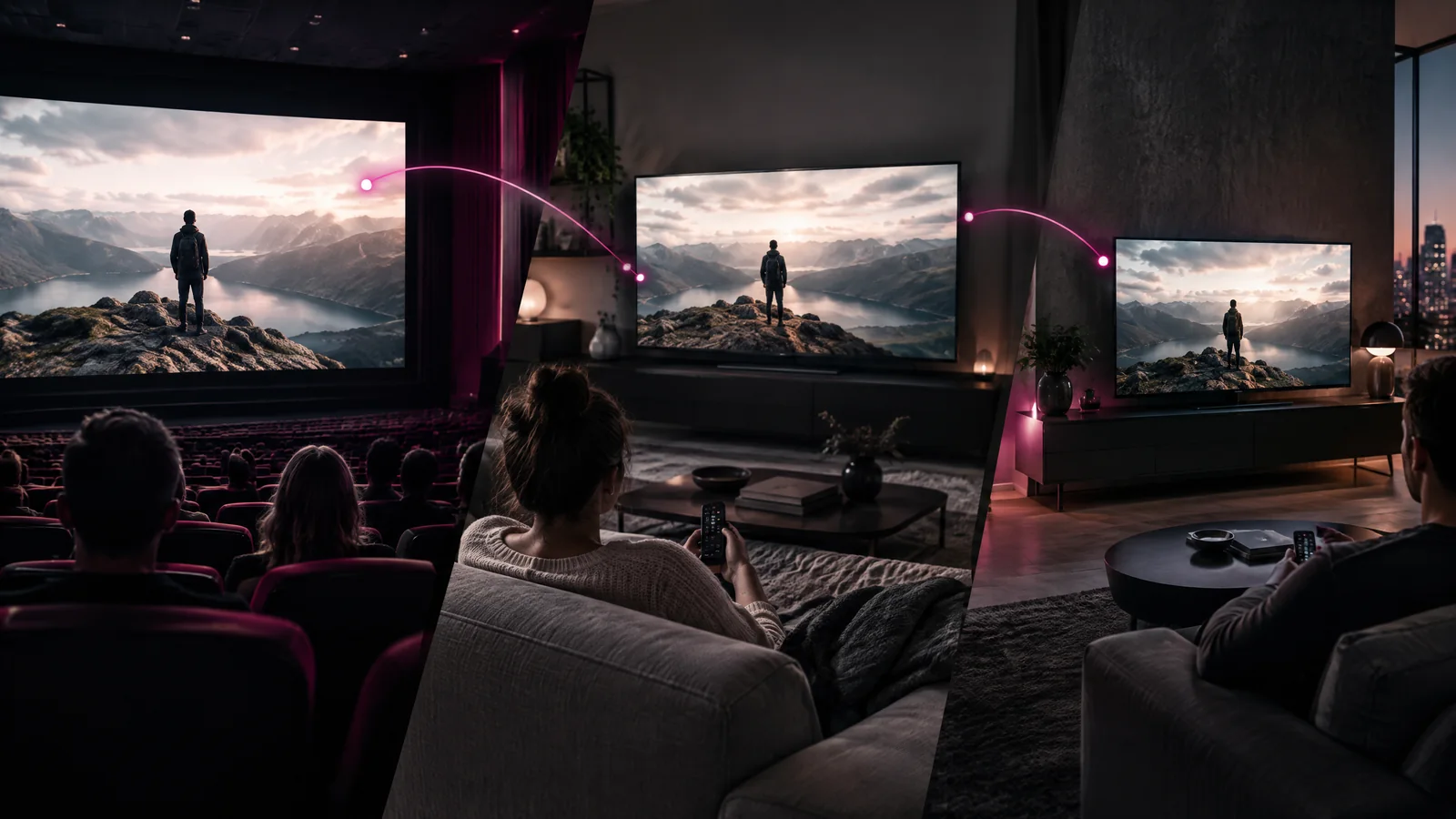 Sala de cinema e sala de estar com TV conectada unidas por camadas visuais de dados em magenta e branco.